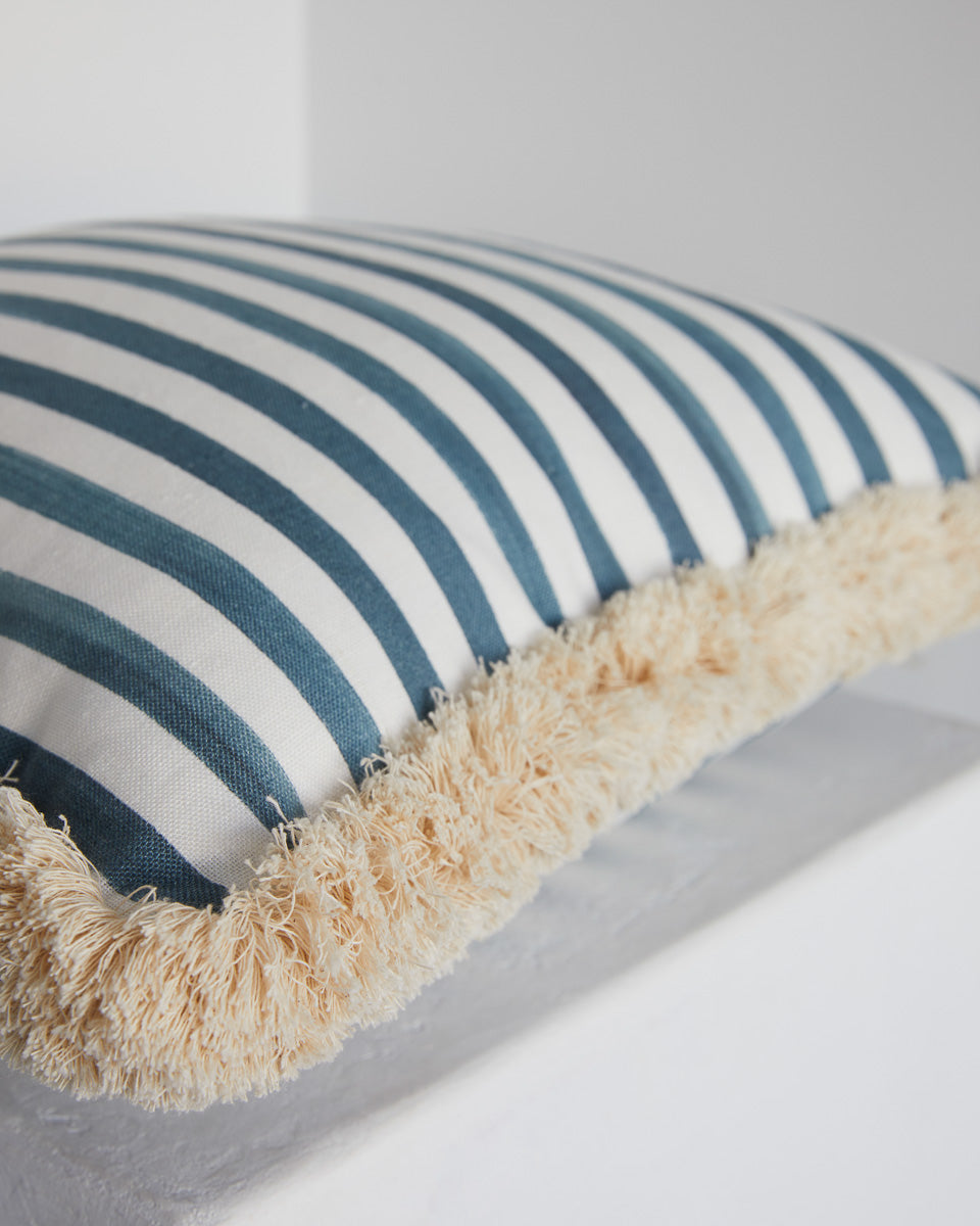 Size: Square (55x55cm) Fabric: Blue Stripe with Brush Fringe