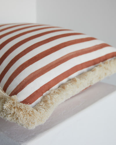 Size: Square (55x55cm) Fabric: Terracotta Stripe with Brush Fringe