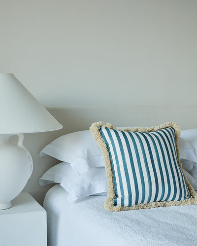 Size: Square (45x45cm) Fabric: Blue Stripe with Brush Fringe